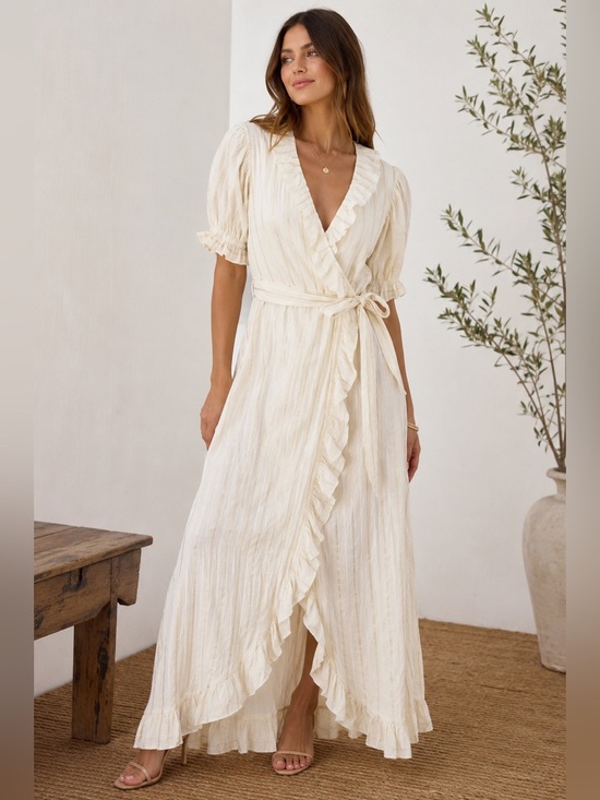 Dresses & Skirts - Kate Leigh Railroad Wrap Maxi Dress Cream Gold Stripe Ruffle Cotton USA S